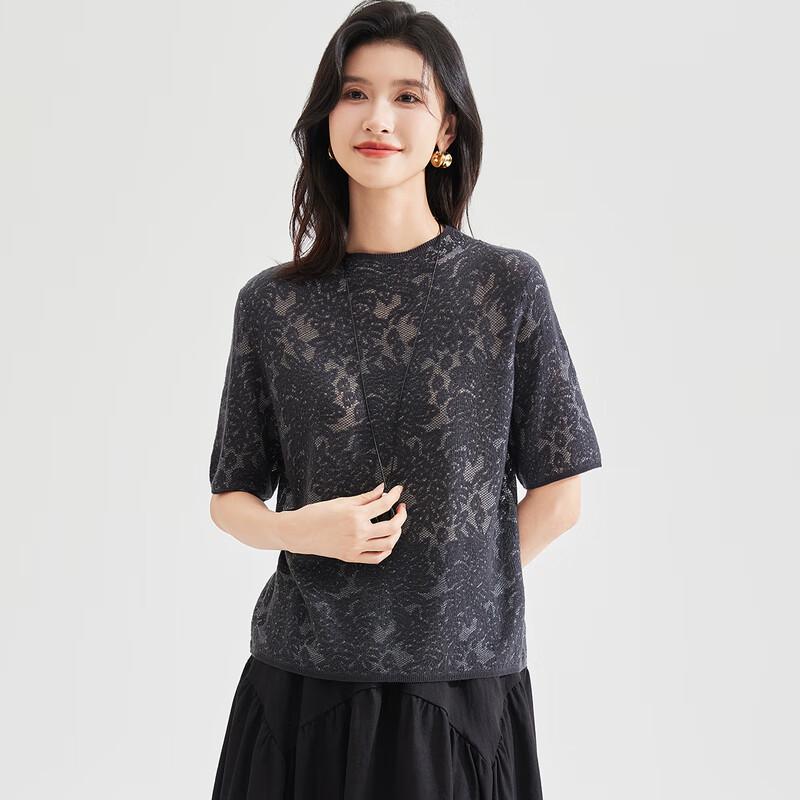 Jinjuan Women's 3D Embossed Jacquard Short Sleeve Sweater