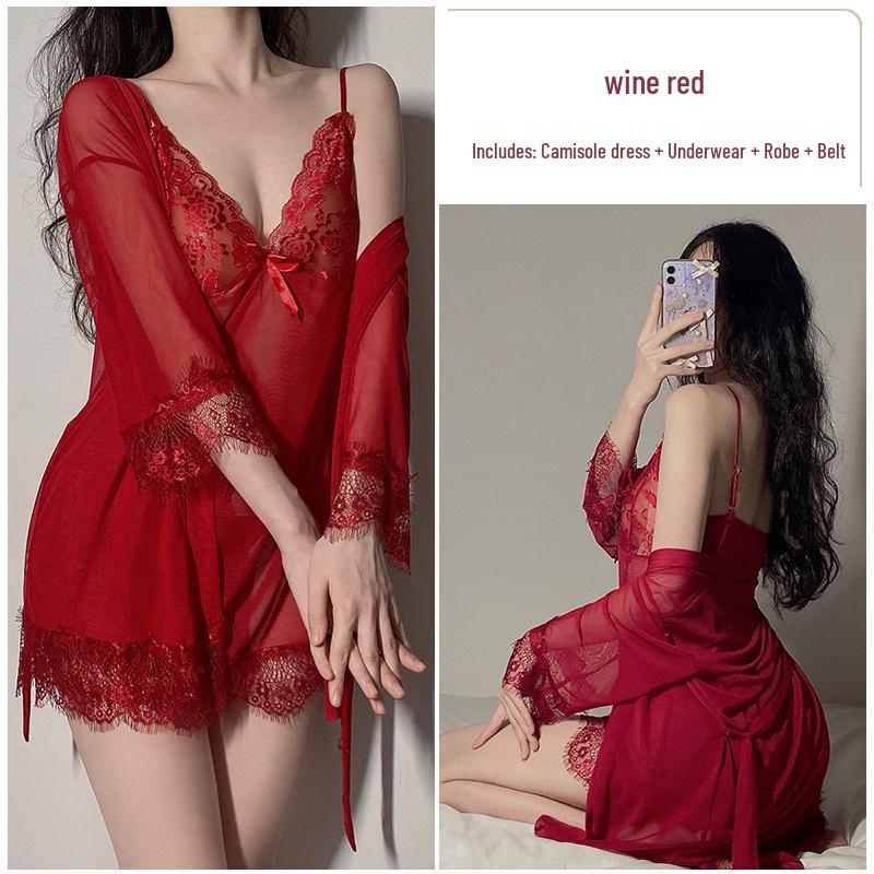 Strappy Lace Nightgown & Tie-Up Robe Set: Tempting Lingerie Homewear for Women