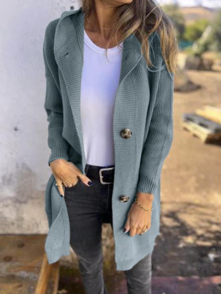 Women's Hooded Knitted Cardigan with Buttons and Pockets for Autumn/Winter
