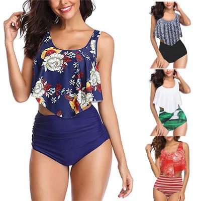 Bikini Fırfır Baskı Göbeği Kapatır ve İnce Bölünmüş Mayo Kadınları Gösterir