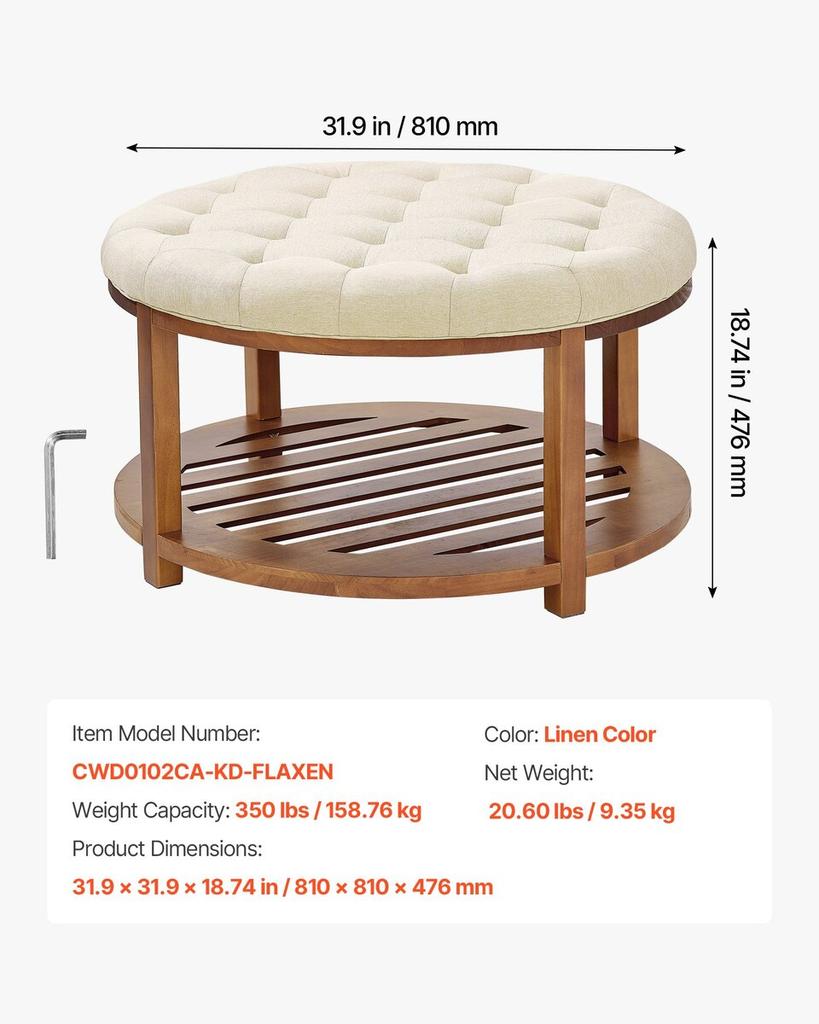 Large Round Ottoman Coffee Table, 81 cm Tufted Coffee Table with Solid Wood Shelf Storage, Linen Solid Upholstered Footrest Ottoman for Bedroom Living