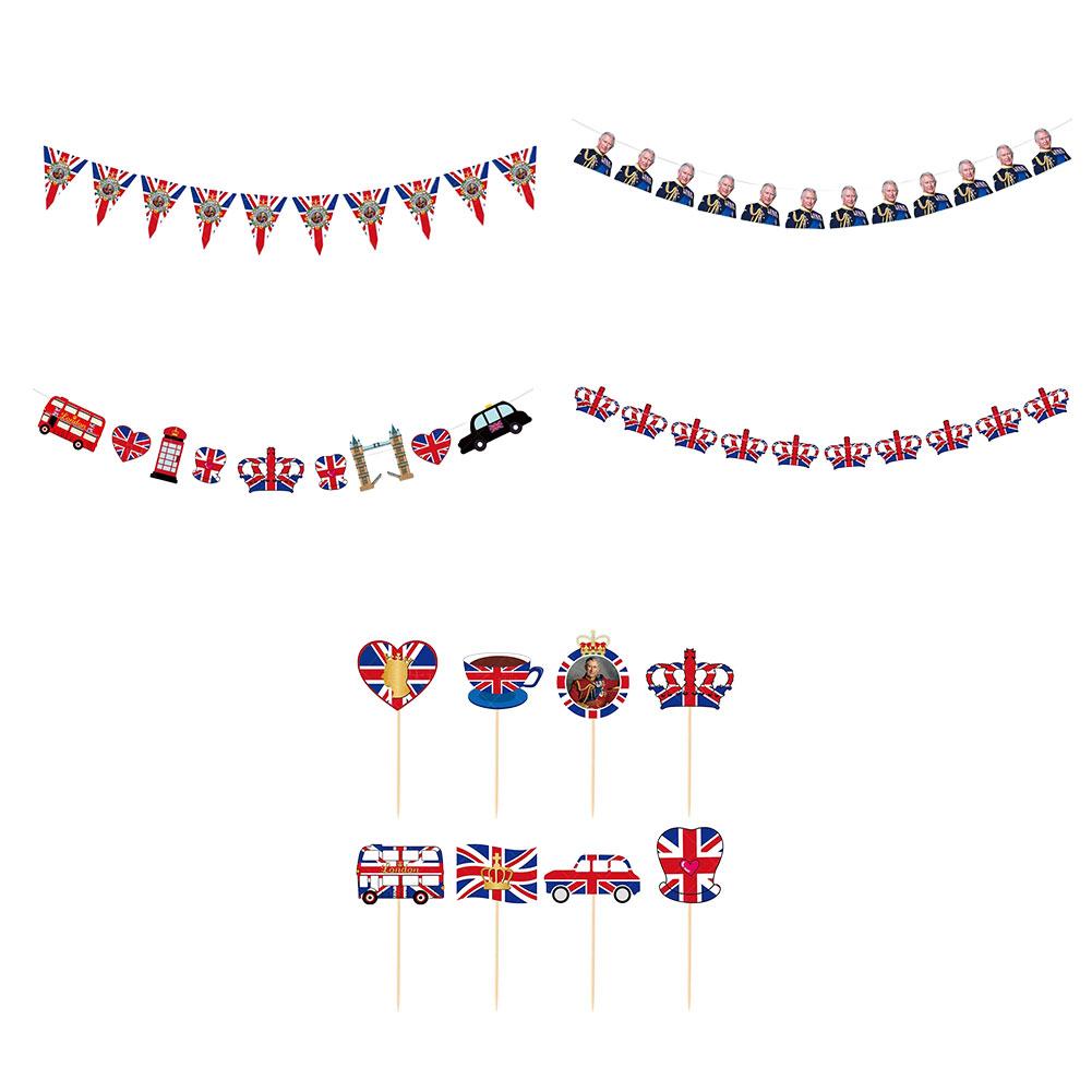 Small Mini Stick Cupcake Toppers Multi-shape King Charles Coronation Party Decorations 10ft Long for Party Hanging Decoration