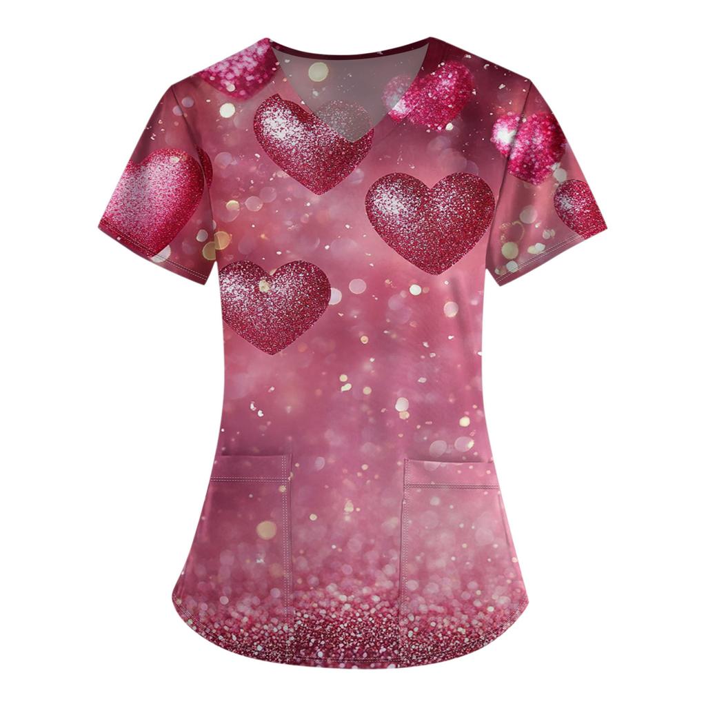 Damenmode V-Ausschnitt Kurzarm Overalls mit Tasche Valentinstag Bedruckte Oberteile Kleidung