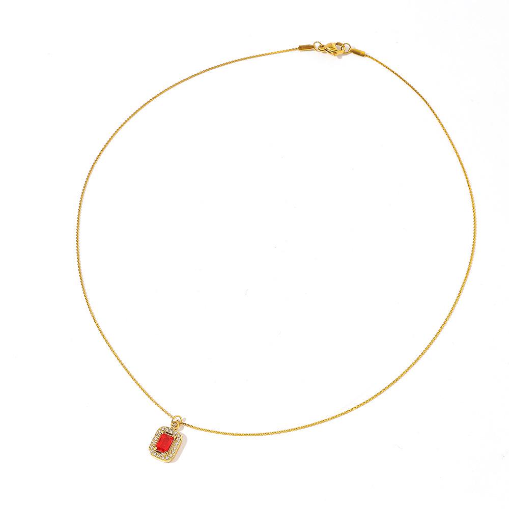 18K Gold Plated Stainless Steel Necklace with Red Zirconia – Titanium Steel, European and American Design for Women