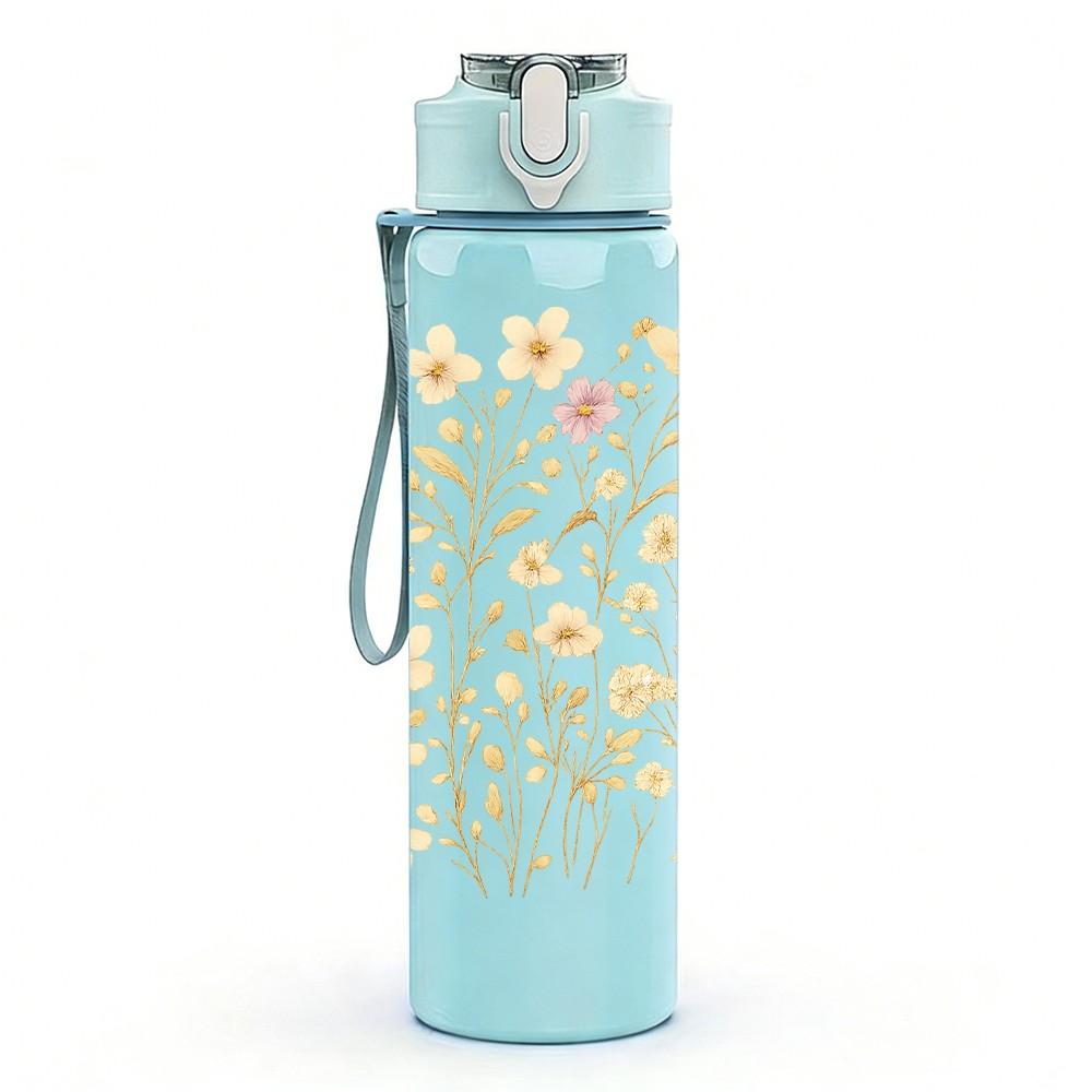 1PC Dry White Dandelion Wild Flower Print 750ml Color Plastic Sports Water Bottle Leakproof Flip Straw Lid Suitable for Sports Office Home Use