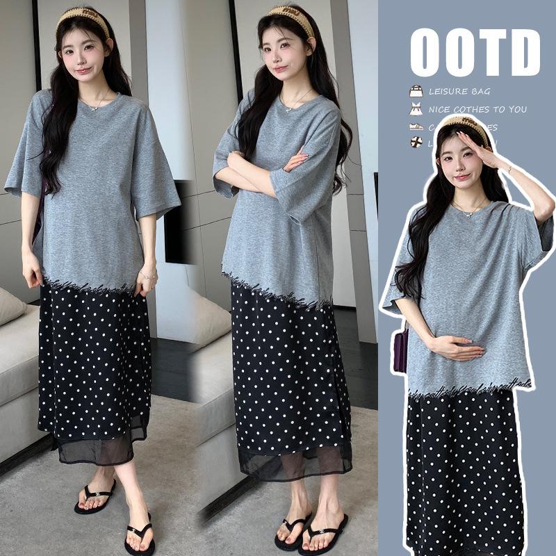 2026 Summer Maternity Fashion: Trendy Two-Piece Set - Short-Sleeved T-Shirt & Polka Dot Skirt, Korean Style Medium