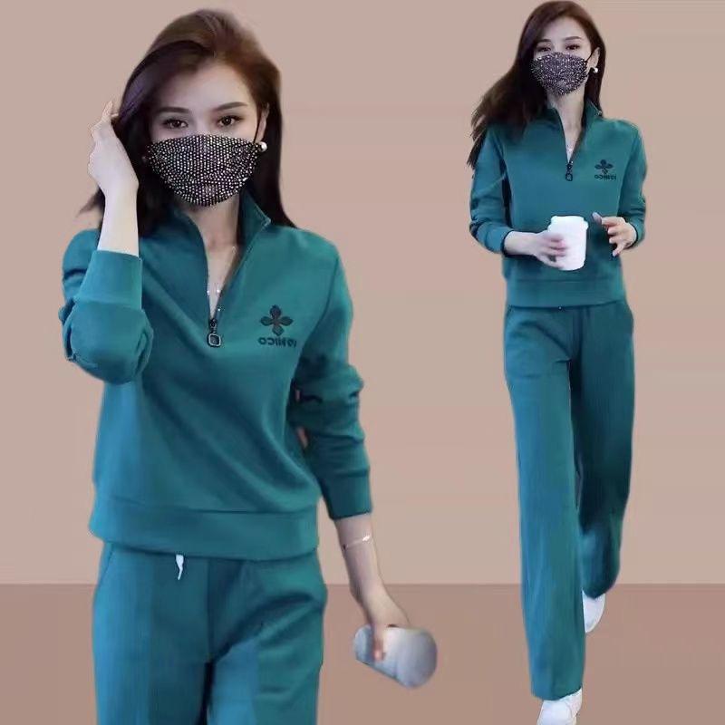 

Повседневный спортивный комплект для женщин на осень и зиму, новый свободный комплект из двух предметов большого размера XXXL синий