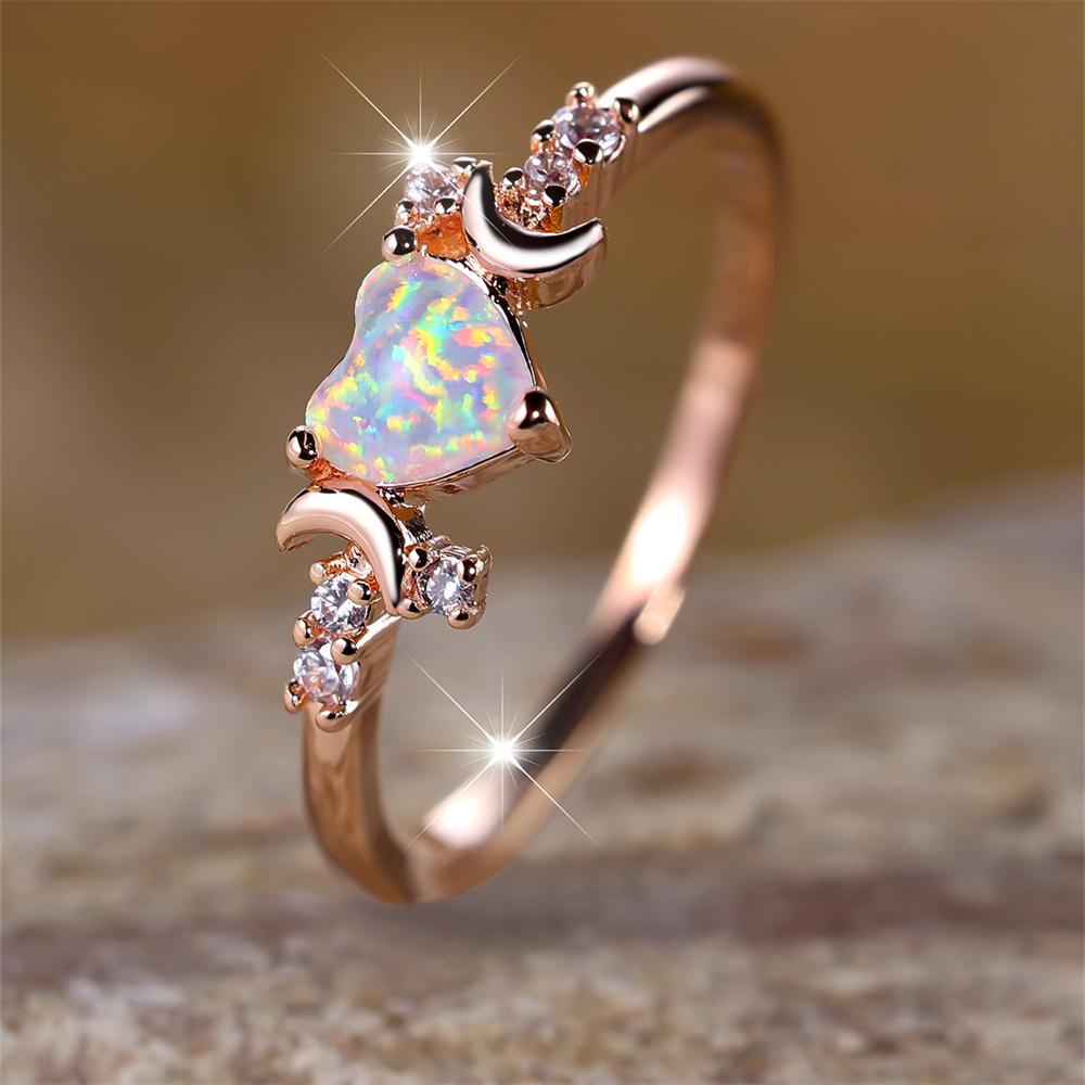 Anelli Cuore di Fuoco Opale Bianco per Donna Oro Rosa Colore Rame Fedina Nuziale Gioielli da Sposa Fidanzamento Regalo Festa della Mamma