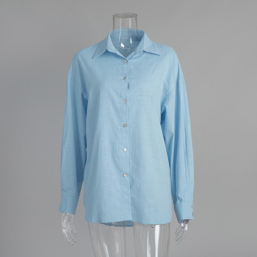 Women's Oversized Button Down Shirt Loose Fit Point Collar Long Sleeve Solid Cotton Blouse