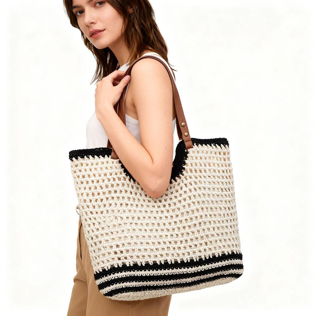 Women's Summer 2025 Cotton Thread Large Capacity Straw Woven Shoulder/Crossbody Handbag