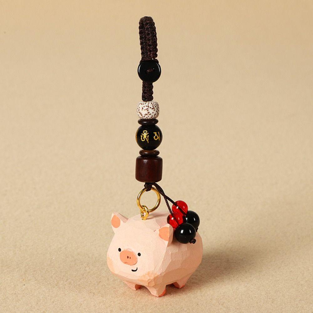 Flower Carved Pig Dolls Pendant Beads Car Keyring Funny Wooden Pig Keychain  Students