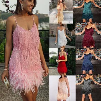Moda Tassel Lantejoulas Festa de Aniversário Vestido Sexy Feminino Sem Mangas Decote em V Pena Patchwork Vestido Elegante Mulher Cintura Alta Sem Costas Vestidos Casuais 25029