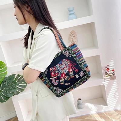 Etnický Styl Kabelka Trendy Kabelka se Zvířecí Výšivkou Plátěná Dámská Taška přes Rameno Dámská Taška na Nákup