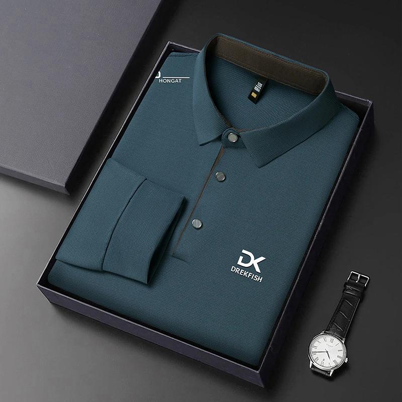 New Men'S Business Casual Long Sleeved Shirt With Badge Solid Color Polo Shirt Fashionable Breathable Comfortable Versatile Top