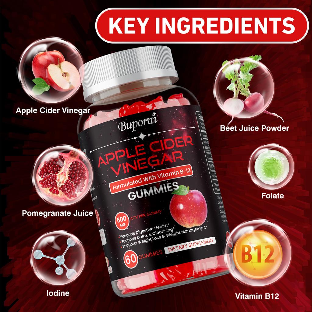 High-purity Apple Cider Vinegar Gummies, Containing Vitamin B12 Extract, Nutritional Supplement, Suitable for Both Men and Women.