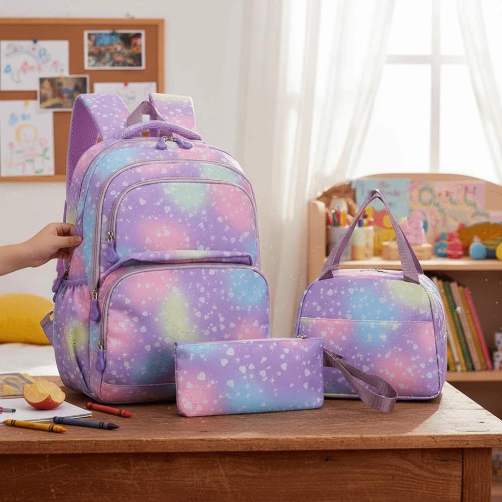 Casual Nylon Backpack Daypack Students School Bag Three-piece School Bag Set Junior High School