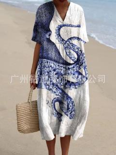 New Loose Casual Comfortable V-neck Digital Printing Pleated Large Version Dress