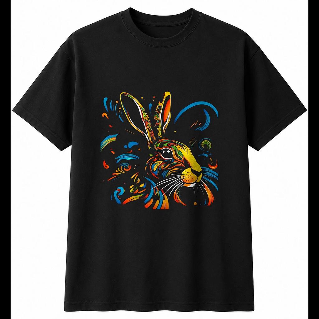 Psychedelic Hare in the Waves Mens T-Shirt Wildlife Black 100% Cotton Printed
