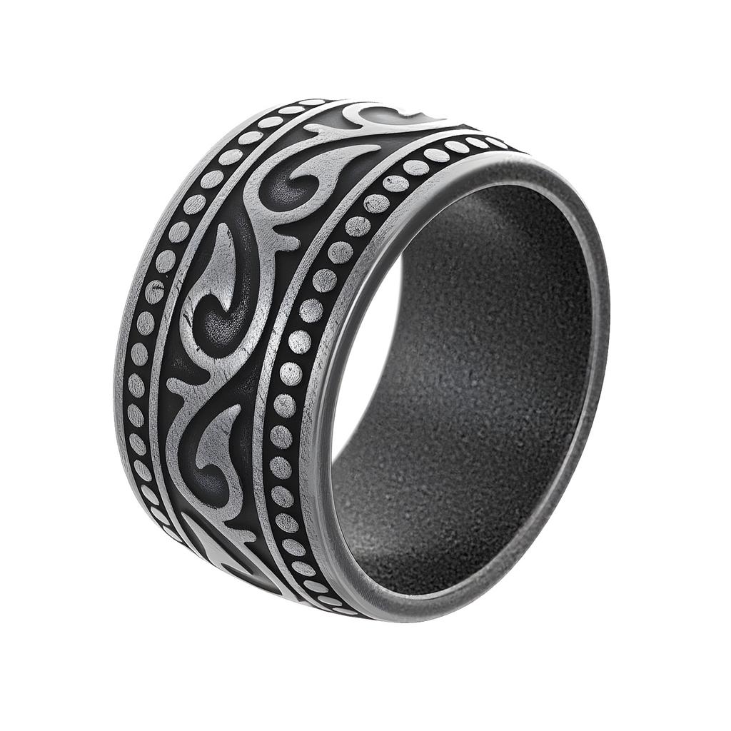 Bague tribale vintage usée à large bande en acier titane pour homme - Accessoire personnalisé