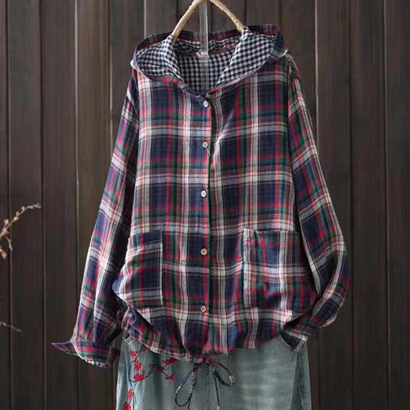 Women's Hooded Double-layer Cotton Yarn Plaid Shirt   Literary Retro Casual Cardigan Top Jacket