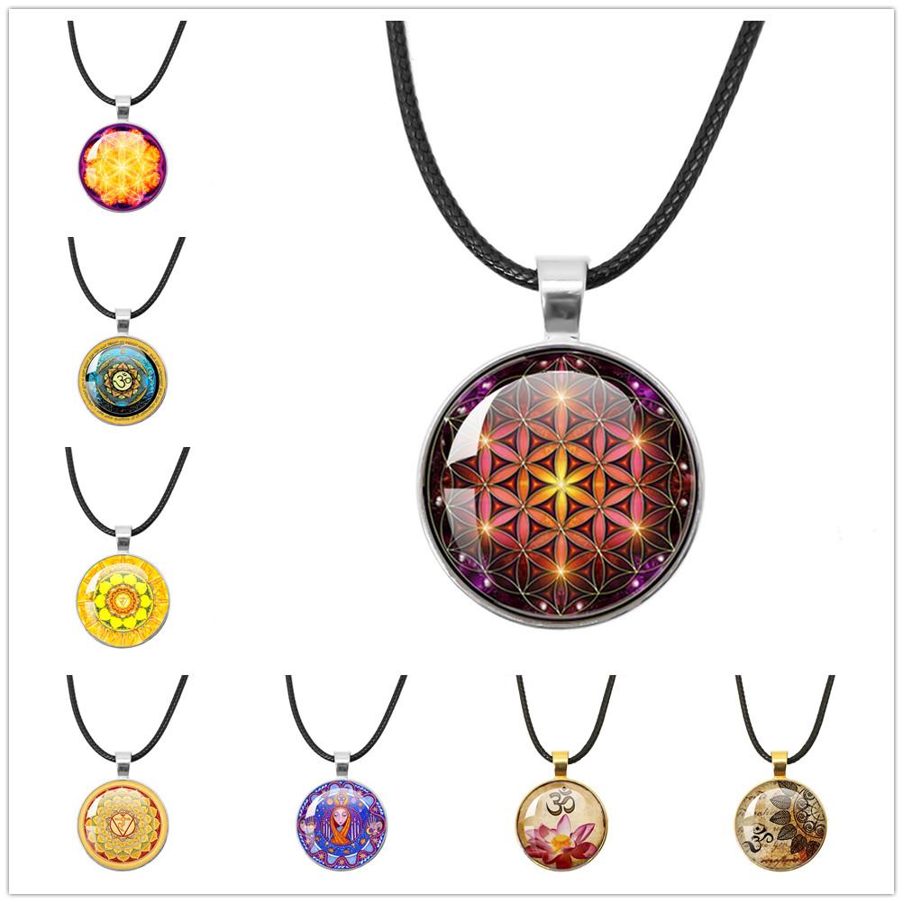 New Necklace Mandala Art Picture Rope Chain Glass Pendant Necklaces Sacred Geometry Yoga Om Fashion Jewelry Gift