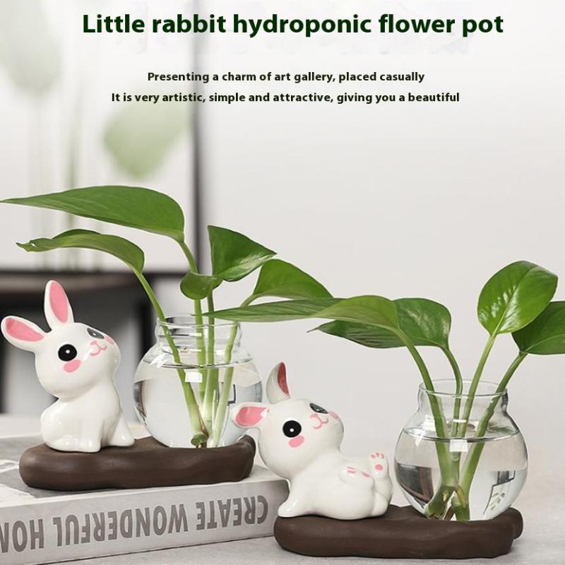 Cute Rabbit Hydroponic Plant Vases Transparent Glass Vase Tabletop Decoration Aquatic Flower Bottle With Wooden Base