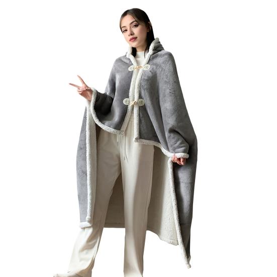 Cape Blanket Plush Hooded Cape with Button Fastening Double-Sided Warmth White Trim Blanket Cape Office Nap Comfort Throw Blanket