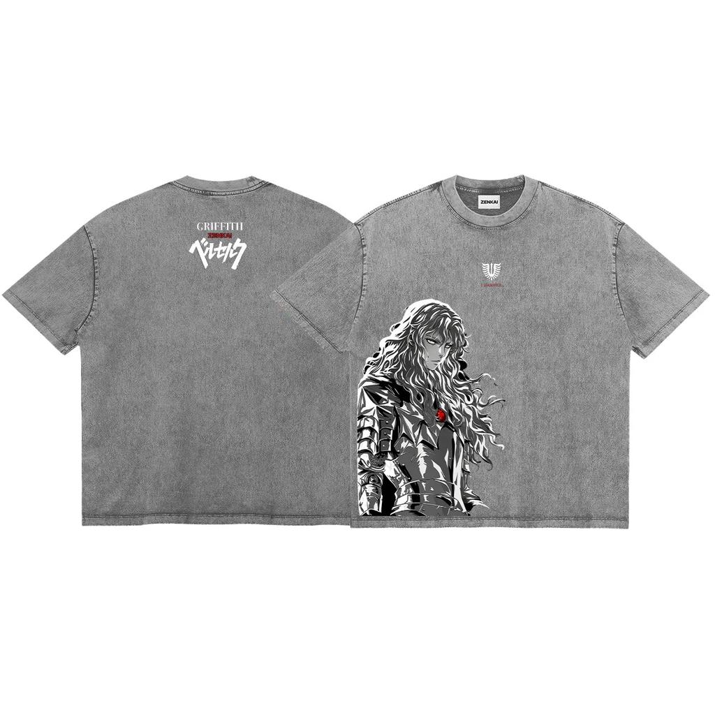 Griffith Berserk Printed T-shirt For Men's Clothing Harajuku Fashion Washed Oversized T Shirt Short Sleeve Pure Cotton Tees Tops