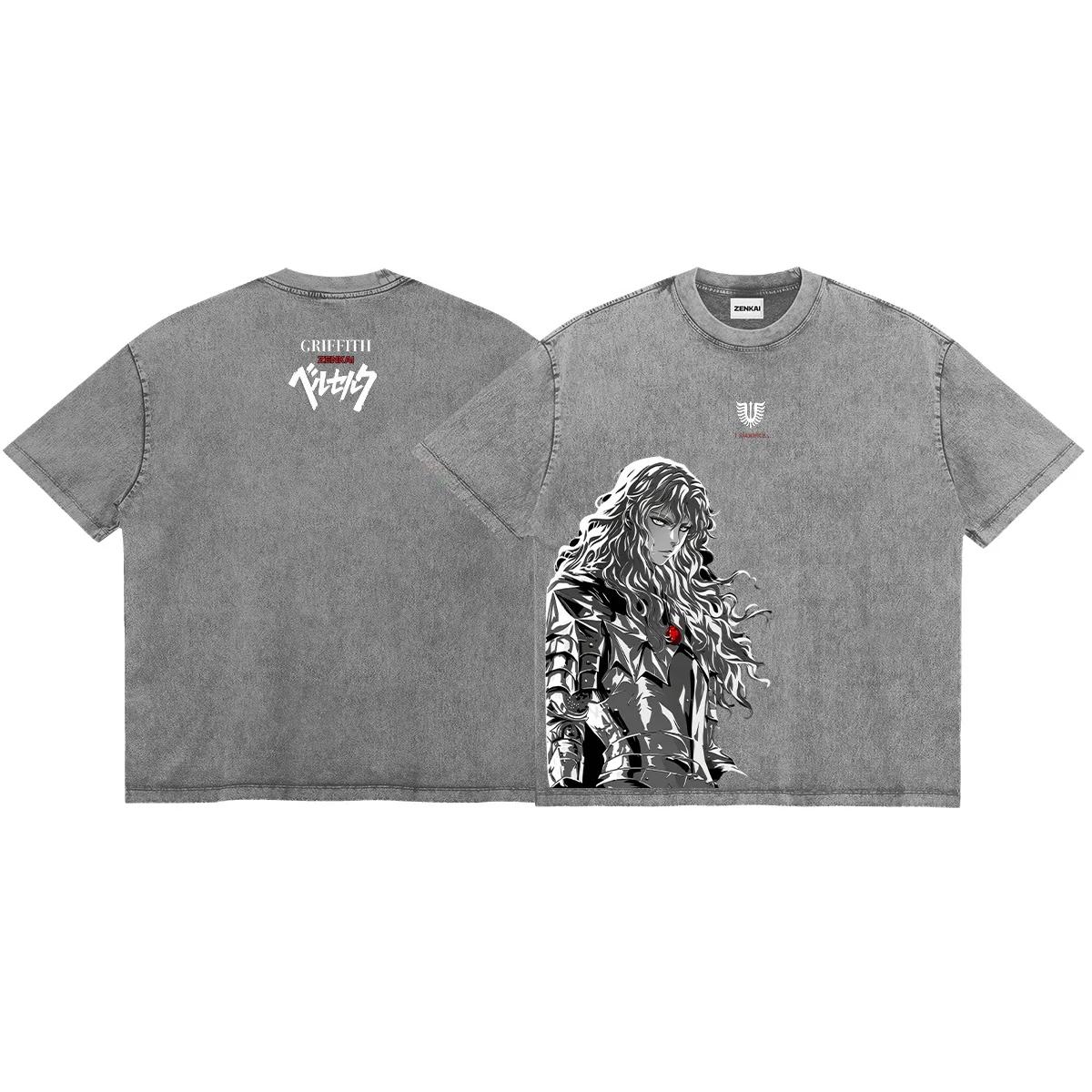 

Griffith Berserk Printed T-shirt For Men s Clothing Harajuku Fashion Washed Oversized T Shirt Short Sleeve Pure Cotton Tees Tops S серый