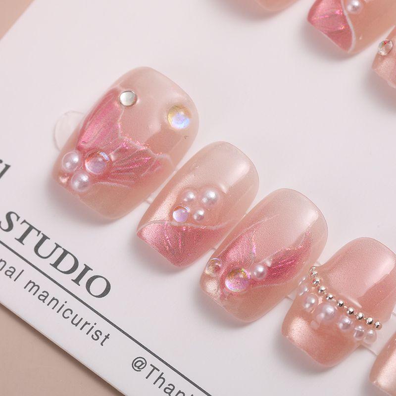 10 Pcs 3D Stereoscopic Mermaid Handmade Press On Nails Short Cat Eye Pearl French Nail Art Tips