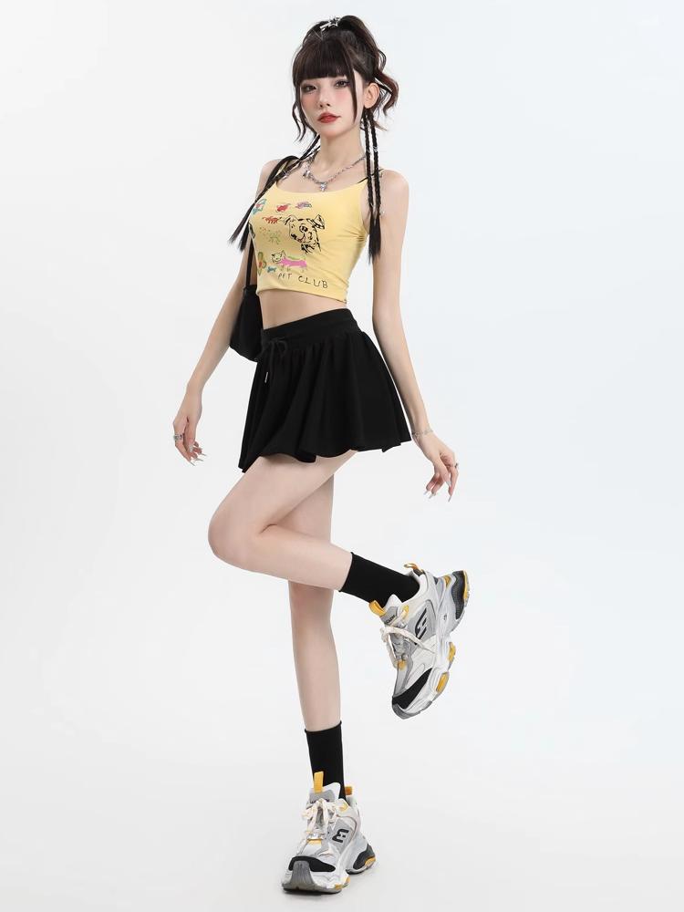 Jupe courte ample décontractée avec cordon de serrage, style Preppy, taille élastique, pour le yoga, la course à pied, respirante, coupe trapèze