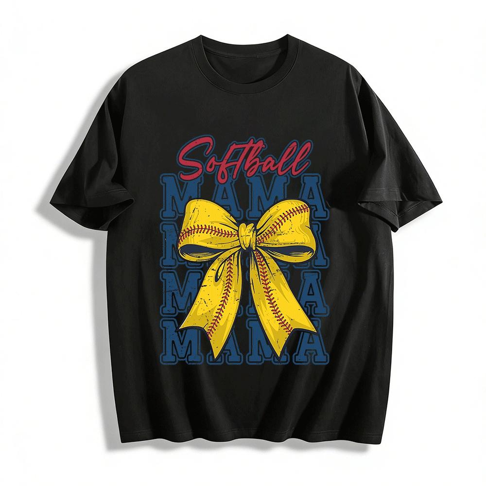 Vintage Softball Mama Bow Print Casual Top Pure cotton T-shirt XXS