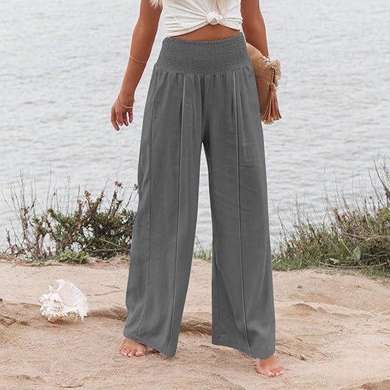 2025 Spring/Summer Women's Solid Color Elastic Waist Wide-Leg Casual Pants