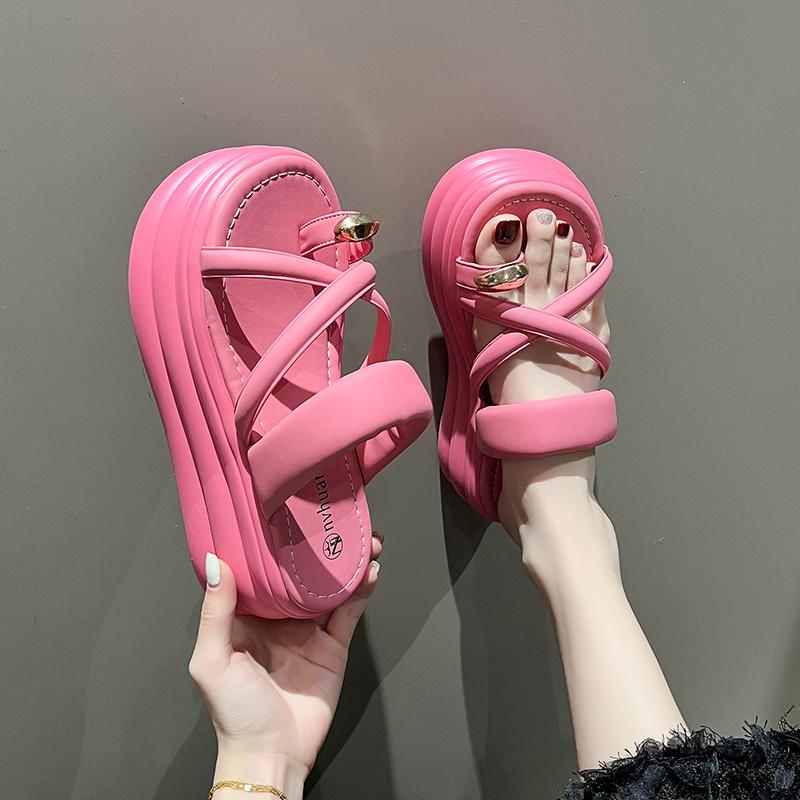 fashion 2024 Women Clip Toe Chunky Platform Sandals High Heels Gladiator Slippers Woman Trendy Summer Bling Beach Leisure Flip Flops 7CM