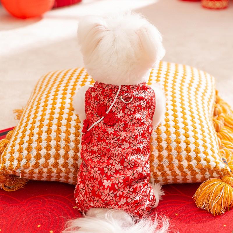 Red Bamboo Leaf Floral Print Cotton Dog Coat With Toggle Buttons Small Breeds Like Bichon Frise Teddy