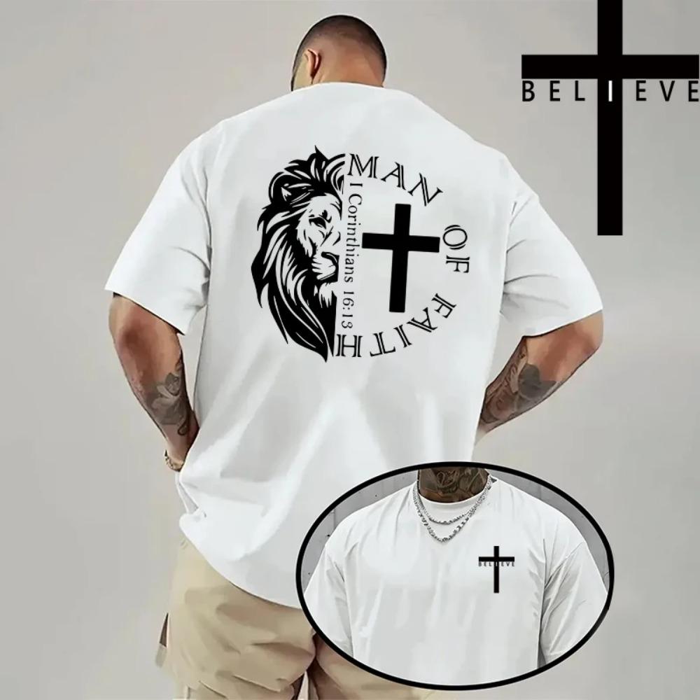 Spring Summer Daily Casual Fashion Jesus Cross Cotton Tees Christ Print T-shirt Men High Quality Pure Color Short Sleeve Top S
