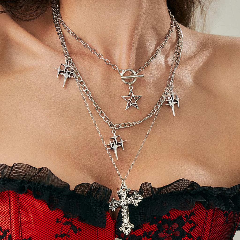 Hip Hop Style Cross Pentagram Pendant Necklace, Personality Shining Star Chain Collarbone Chain