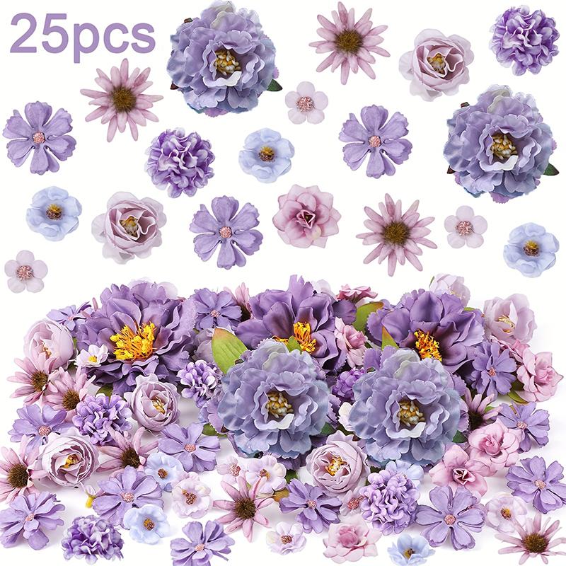 23/25Pcs Artificial Purple Flower Head Mini Silk Flower Fake Peony Daisy Rose Flower Wedding Home Decoration Party Craft Wreath