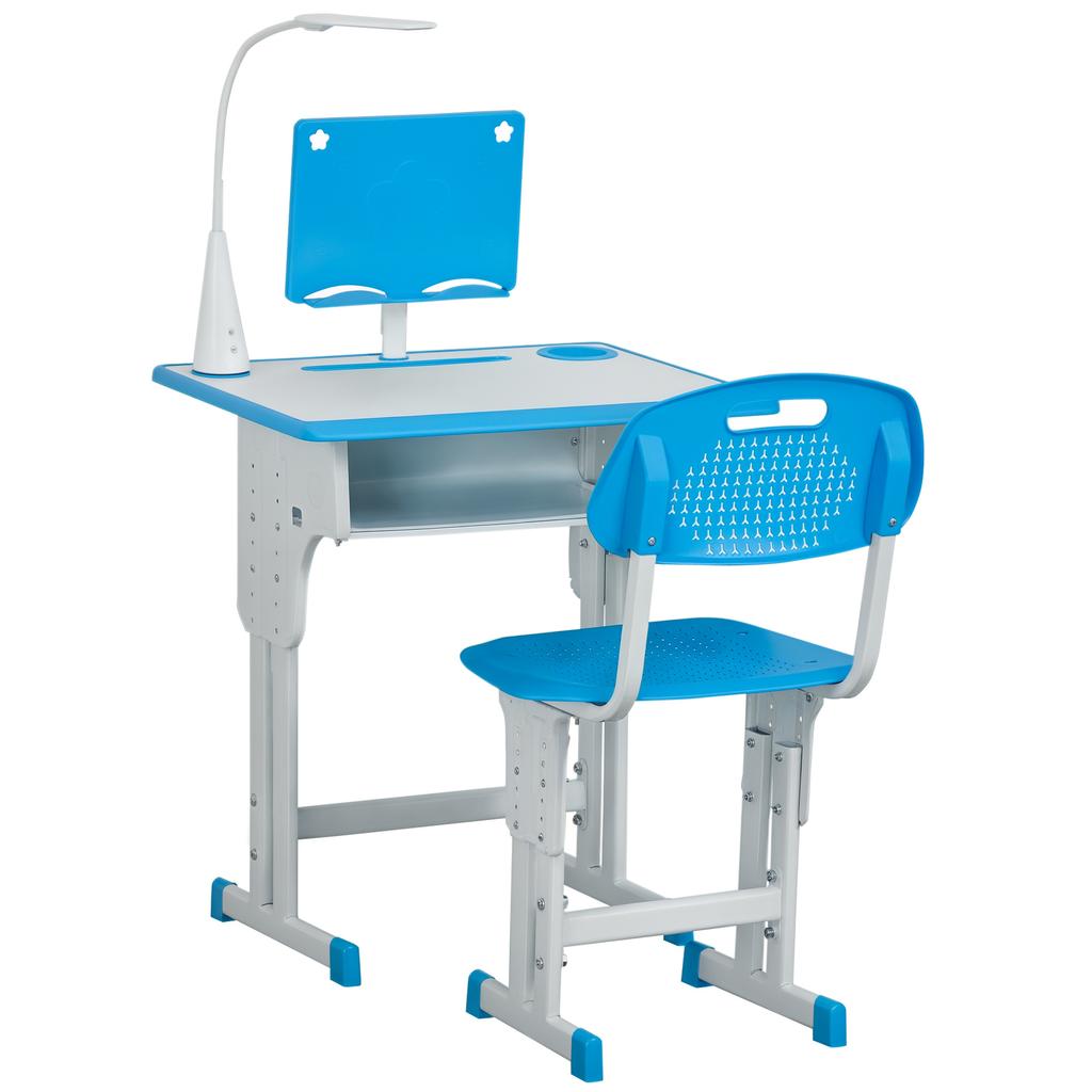 Kids Desk and Chair Set Adjustable Height Study Table Set with Drawer, Book Stand, Pen Slot - Blue