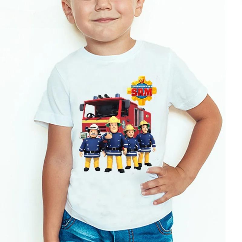 Enfants dessin animé pompier Sam imprimé été Casual confortable coton col rond t shirt à manches courtes