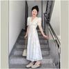 French White Lace Bubble Sleeve Dress Women's Summer New High-end Waist Gentle Short-sleeved Long Skirt