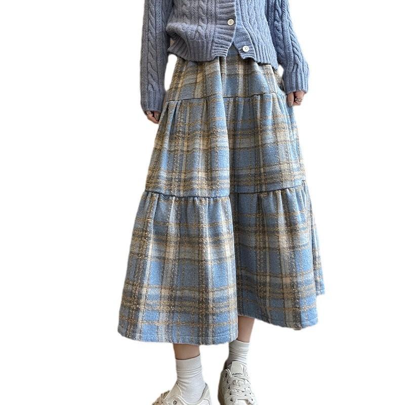 Podzimní dámská kostkovaná patchworková šněrovací volná ležérní sukně