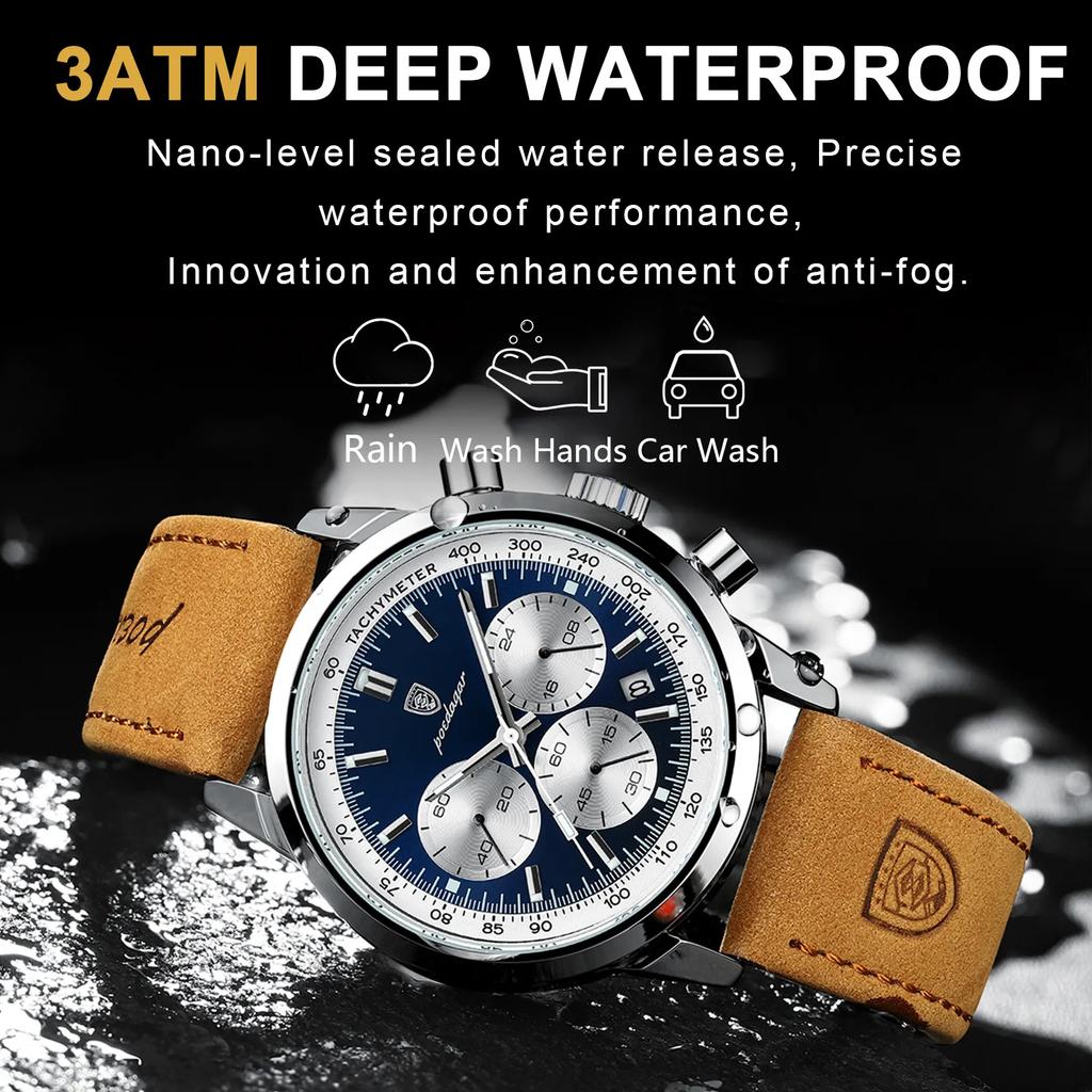 High Quality Sport Chronograph Men Quartz Watches Luxury Leather Wristwatch Waterproof Luminous Watch for Men