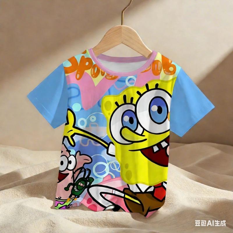 Summer Children's SpongeBob 3D Print Pattern T-shirt for Teenage Boys and Girls -  Casual Short-Sleeved Shirt