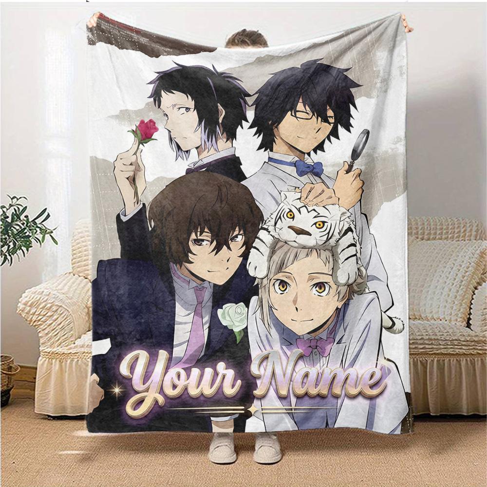 1pc Bungo Stray Dogs Blanket with Custom Name, Gift, for Men and Women, Soft Blanket, Good for Sofa Bed Couch Travel, Lightweight Flannel Blanket