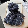 Gradient Blue Cotton-Linen Scarf: Retro Versatile Print, Long Pleated Women's Accessory for Autumn/Winter