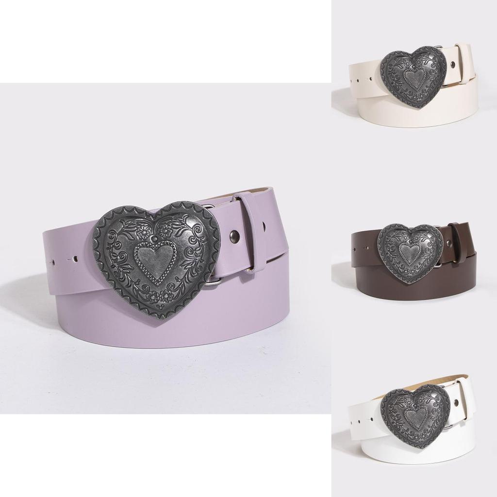 Retro Heart Pattern Leather Look Belt With Pin Buckle For Young Women Casual Fashion