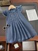 Girls' Daily Casual Simple Wash Water Stir Fried Snowflake Design Round Neck Flying Sleeve Denim Dress for Spring and Summer