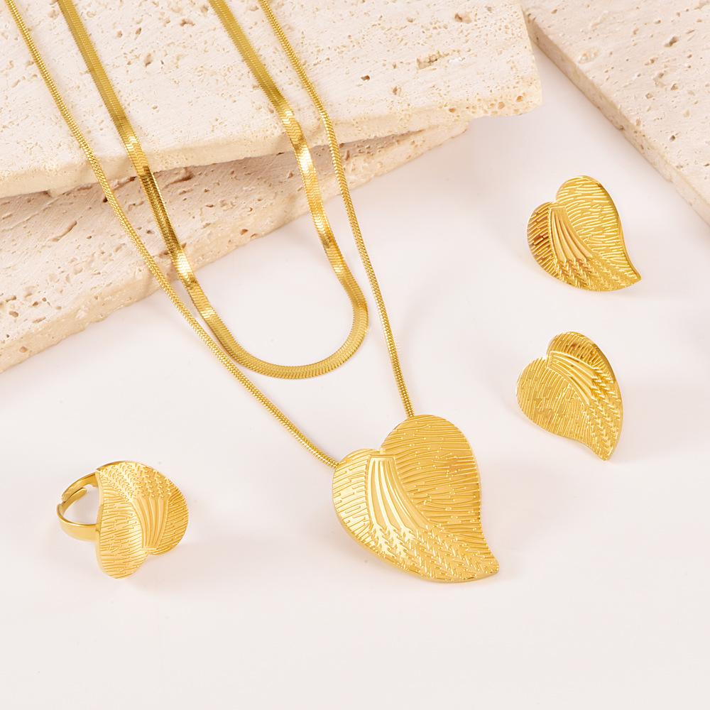 Stainless Steel Heart & Leaf Necklace, Earrings, and Ring Set - Fashionable Titanium Steel Trio