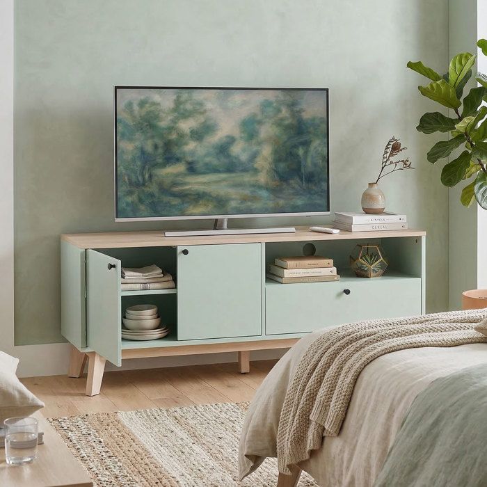 Mueble de TV - HOMCOM - para televisor de 36 pulgadas - 2 puertas, cajón, compartimento abierto - MDF - 120 x 35 x 50 cm - verde claro